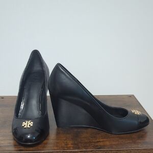 Tory Burch Black Wedge Shoes with Elegant Gold Accents